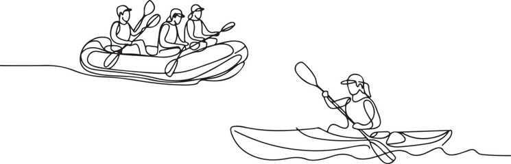 Continuous one line drawing of Rafting, sea kayaking icons set.one line victor illustration in white Background