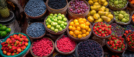 Assorted fresh fruit display minimalist nature flat lay