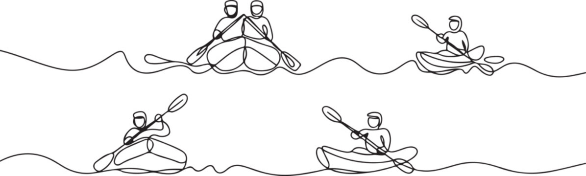 Continuous one line drawing of Rafting, sea kayaking icons set.one line victor illustration in white Background