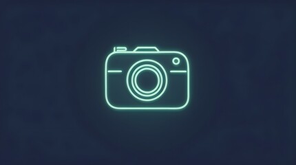Minimalist Neon Line Art Camera Icon with Soft Mint Glow