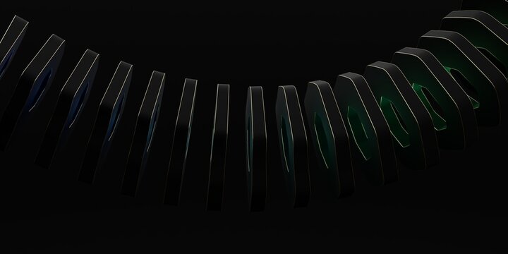 3D Render of Abstract Curved Spine Structure with Hexagonal Black Plates and Green Glow Accents