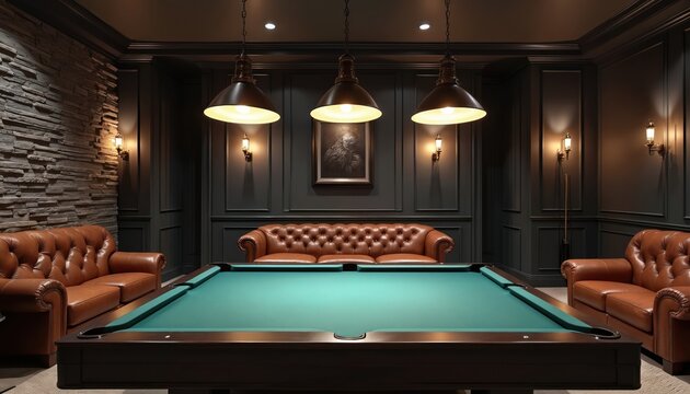 Luxurious man cave room with pool table, leather sofas, dim lighting, stone wall accent, and framed art. Modern and retro interior design for relaxation and entertainment. Ideal bachelor pad.