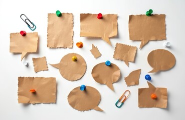 Fototapeta premium Brown paper cutouts in speech bubble shapes and rectangles are pinned to a white surface. Various colored pins and paper clips hold these notes, some torn at edges. Empty space for text is provided.