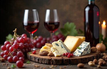 Naklejka premium Red wine, assorted cheeses, and fresh grapes on wooden board. Two glasses with wine, bottle, candle light in background. Appetizer spread for gourmet meal or celebration.