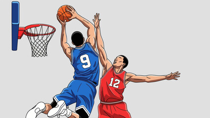 Basketball action players dribbling and jumping for a slam dunk illustration © Deb