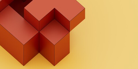 Fototapeta premium 3D Render of Abstract Isometric Terracotta Puzzle Blocks with Fine Black Outlines over Yellow Background