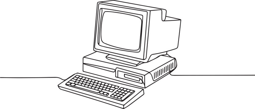 Single continuous line drawing of retro old classic personal computer processor unit. Vintage cpu with analog monitor and keyboard item concept.one line Art icon drawing