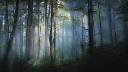 Obraz premium Misty forest at sunrise