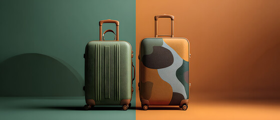Two colorful suitcases modern travel lifestyle flat lay