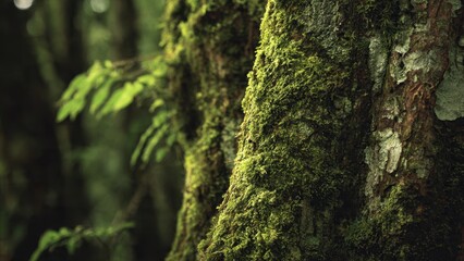 Obraz premium Mossy Tree Trunks in a Lush Forest