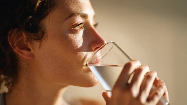 Soft natural sunlight highlighting woman's glowing face while drinking pure water, representing wellness, hydration, and refreshing morning self care routine