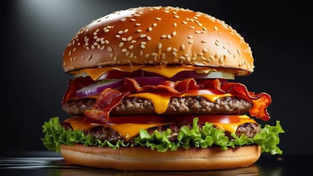 Big hamburger on table on black background.