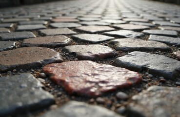 Obraz premium Old stone paving texture, traditional Italian sampietrini street surface. Irregularly shaped cobblestones wet, reflecting sunlight creating dramatic shadows, highlights. Close-up on weathered grey,