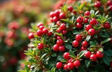 Obraz premium Close-up of evergreen shrub with glossy dark leaves and bright red berries. Tiny fruits grow in clusters on woody branches in sunlight, detail of small plant.