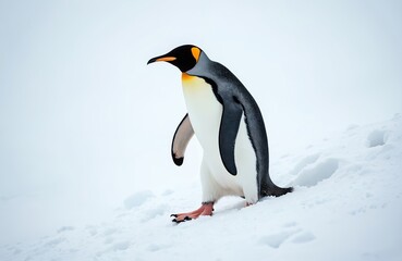 Fototapeta premium King penguin walks on snow covered slope in Antarctica. This bird has black grey white plumage yellow neck patch. It moves in cold polar environment.