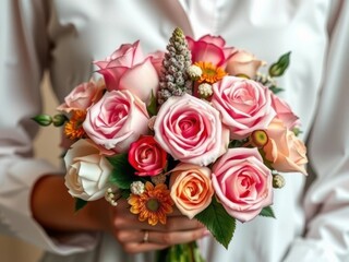 Person holding bouquet of pink and white roses with orange flowers