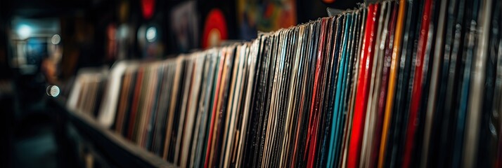 a wall of colorful vinyl records, with one record leaning against the wall the background is dark and blurred to highlight the foreground elements Generative AI