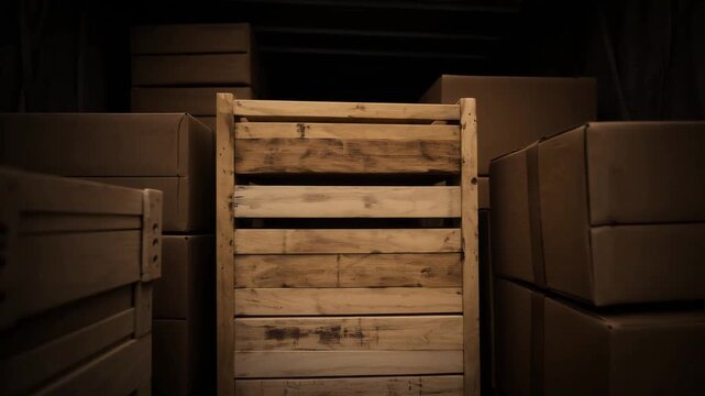 Stacked boxes in truck interior with wooden crate and cardboard containers. Organized layout features various box sizes and types in storage area, creating efficient packing space.