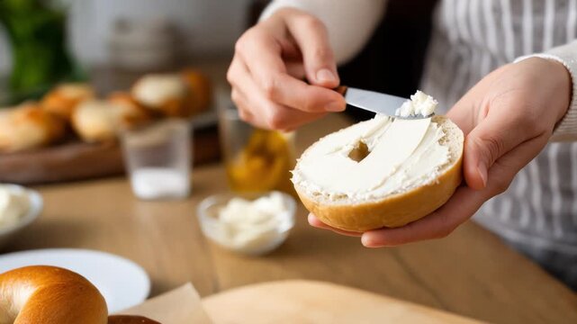 Spreading cream cheese on fresh bagel with knife in kitchen. Hands preparing bagel with smooth cream cheese on wooden table. Delicious breakfast concept featuring bagel and spreadable cheese.