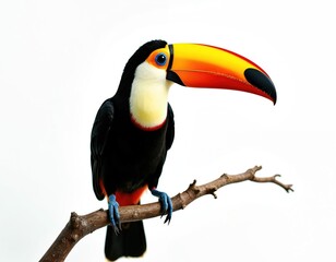 Obraz premium Toucan bird sits on branch with white background. Large colourful beak. Blue feet. Wild avian creature in isolation. Nature and fauna theme.