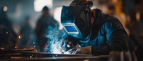 Man welding metal wearing safety helmet industrial technology minimalist