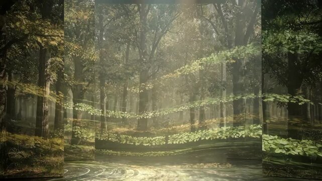 Medium shot showcasing a forestthemed set where detailed printed trees are complemented by dynamic glowing leaf patterns projected to simulate wind.