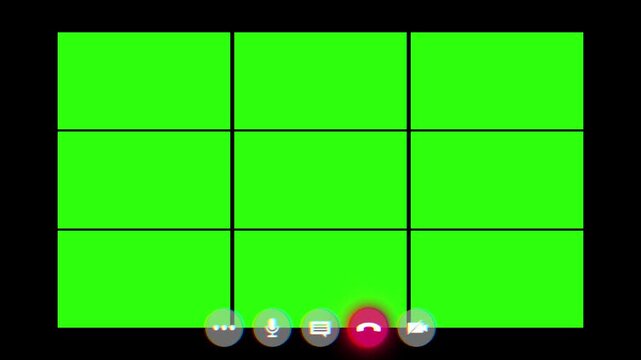 9 Window Video Conference Grid with Green Screen Mockup and Call UI Interface