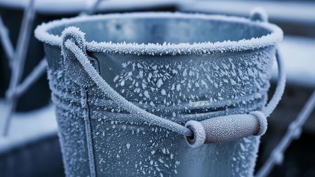 Frost-covered metal bucket on a snowy background  