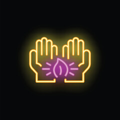 Neon sign illustrating two hands holding a flame, symbolizing reiki healing energy