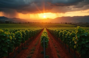 Naklejka premium Rows of green grape vines stretch across rolling hills under dramatic sunset sky with rain falling. Sun breaks through dark clouds creating moody, beautiful atmosphere over vineyard landscape.