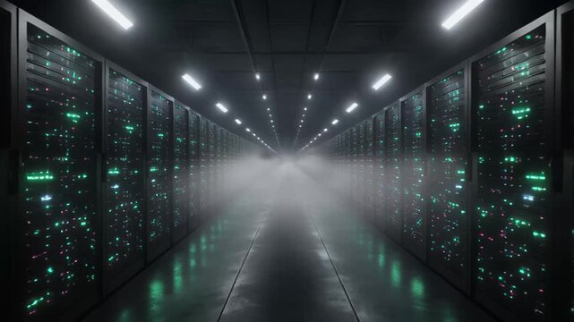 Rows of server racks in a dark data center with glowing green lights and fog server room animated