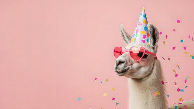Llama celebrating a birthday with confetti and a party hat