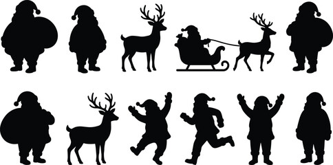 Christmas Santa Claus silhouette, reindeer sleigh artwork, festive holiday illustration, seasonal decoration design, winter celebration scene, joyful Christmas artwork, © Enamul