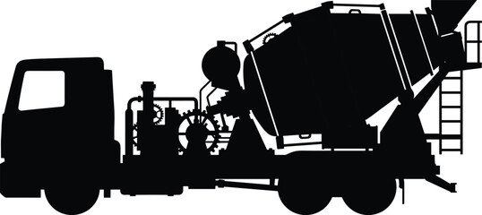 Concrete mixer truck silhouette, construction industry heavy vehicle, cement transport machinery, industrial equipment, black vector illustration isolated © Enamul