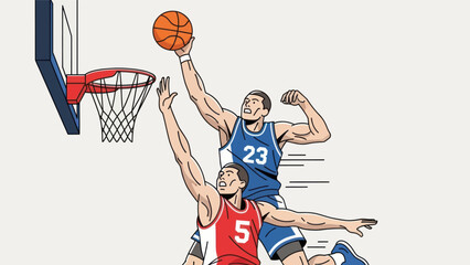 Basketball player making a slam dunk against an opponent in a competition © Depadepo