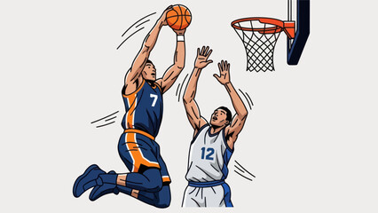 Basketball player making a slam dunk against an opponent in a game © Depadepo