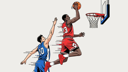 Basketball player making a slam dunk against opponent in a vector illustration © Depadepo