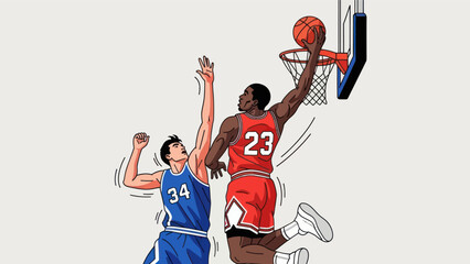 Basketball player making a slam dunk against opponent in illustrated action © Depadepo