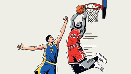 Obraz premium Basketball player performing a dunk over an opponent vector illustration