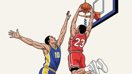 Basketball player performing a slam dunk in dynamic action illustration © Depadepo