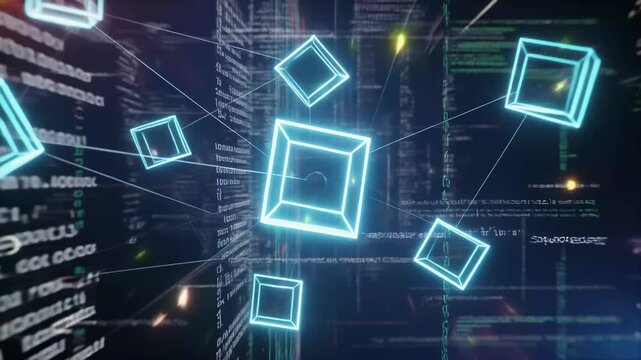 Futuristic blockchain network with glowing cube nodes