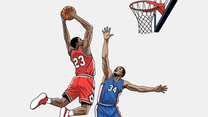 Basketball player performing slam dunk action against opponent isolated © Depadepo