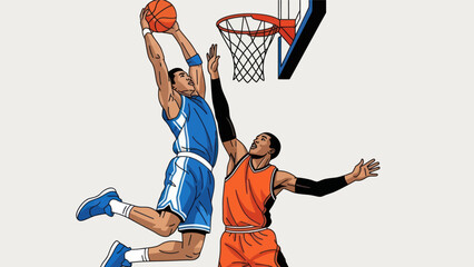 Basketball player performing slam dunk against defender illustration © Depadepo