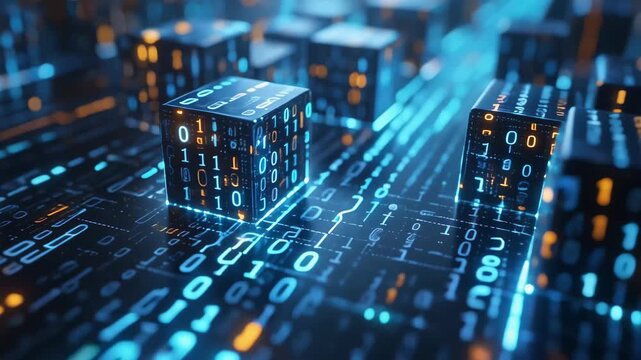 Digital Data Cubes with Binary Code and Glowing Circuits in Futuristic Network technology animated