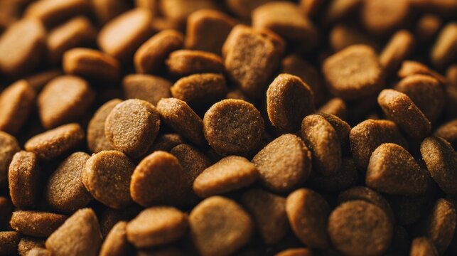 Close-up of dry brown dog food kibbles in various shapes and sizes.