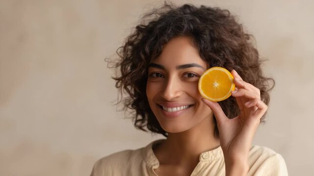 Beautiful young woman with curly hair holds an orange slice near her eye and smiles at the camera, promoting healthy eating habits and the benefits of vitamin c