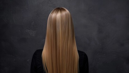 Long silky blonde hair flowing down the back against a textured dark background