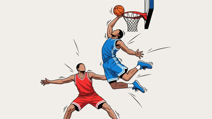 Basketball player soaring for a slam dunk illustrated in dynamic vector style © Depadepo