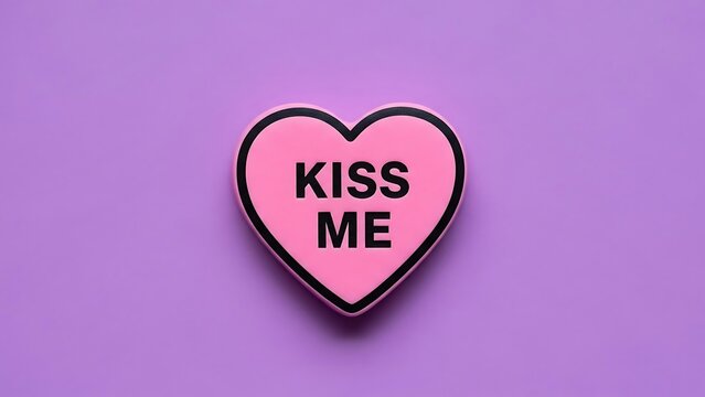 Romantic pink conversation heart candy with 'KISS ME' text, symbolizing love and passion on a vibrant purple backdrop