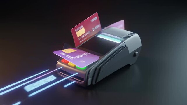 Credit Card Reader with Multiple Credit Cards and Glowing Transaction Lines payment terminal animated